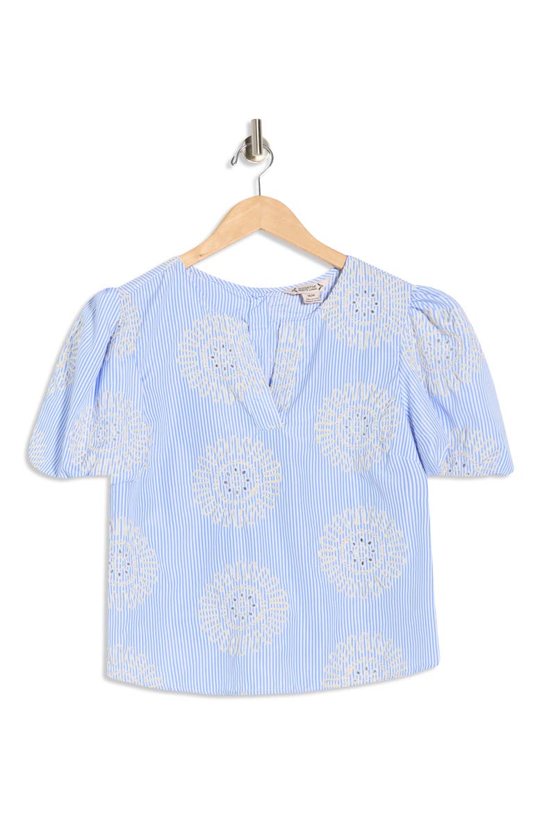 Embroidered Stripe Puff Sleeve Top, Main, color, BLUE/ WHITE STRIPE
