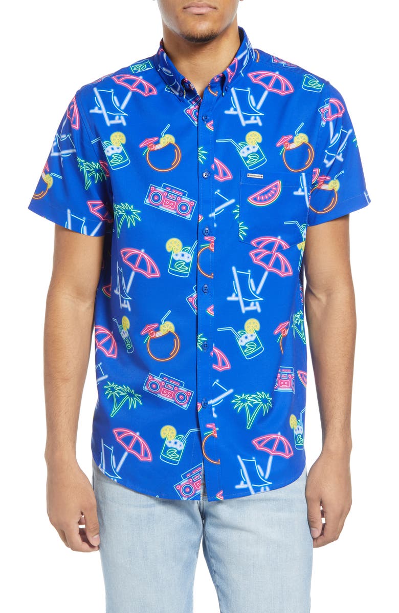 Vintage Summer Neon Water Repellent Short Sleeve Button-Down Shirt, Main, color,