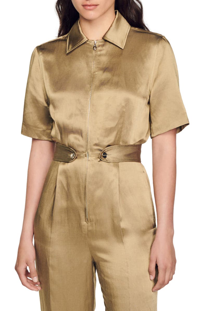 SANDRO Sisteron Satin Zip Jumpsuit, Alternate, color, Kaki