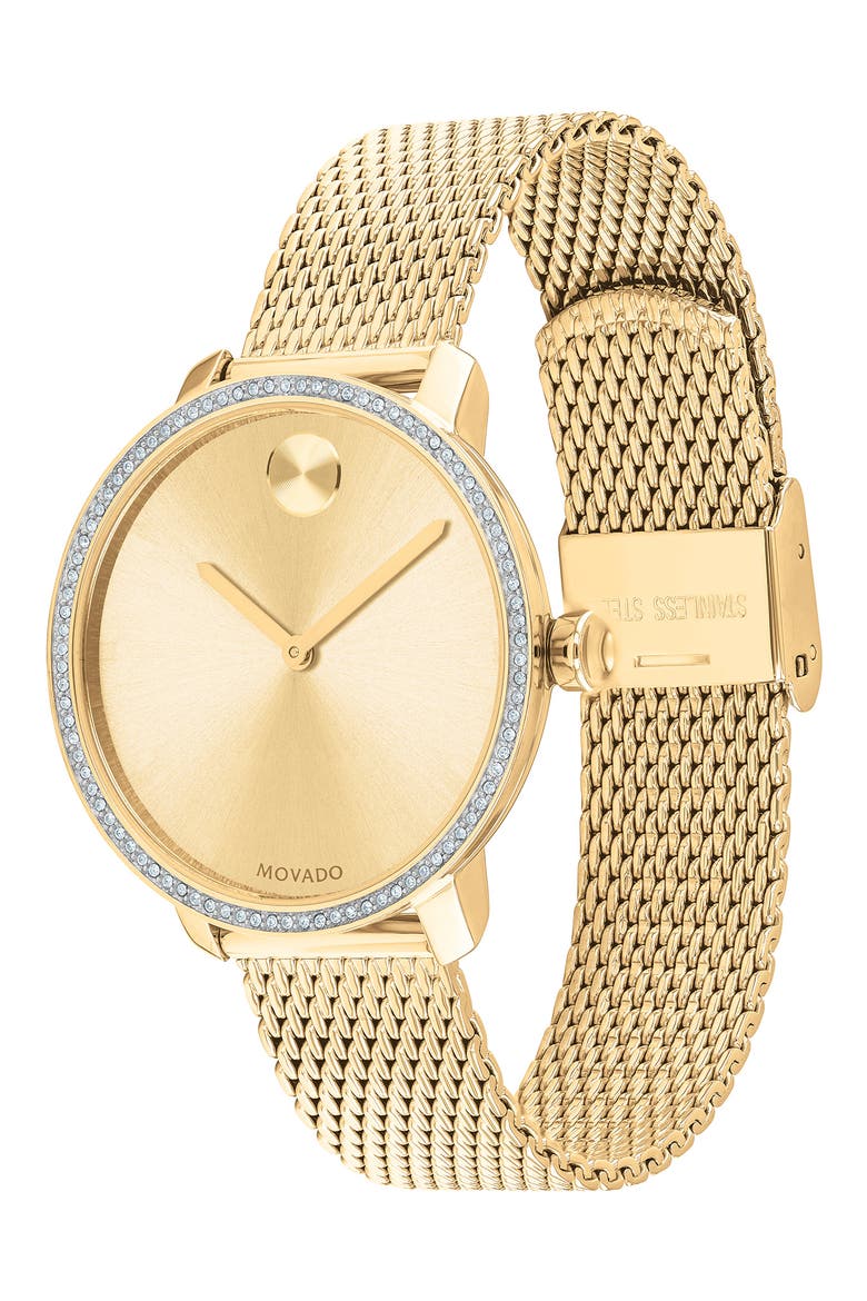 Bold Crystal Bezel Mesh Strap Watch, 34mm, Alternate, color, GOLD
