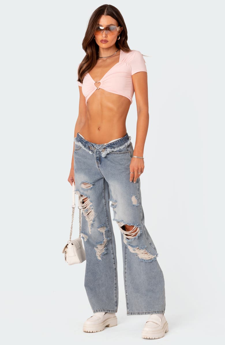 EDIKTED Foldover Low Rise Ripped Boyfriend Jeans, Alternate, color, Light-Blue