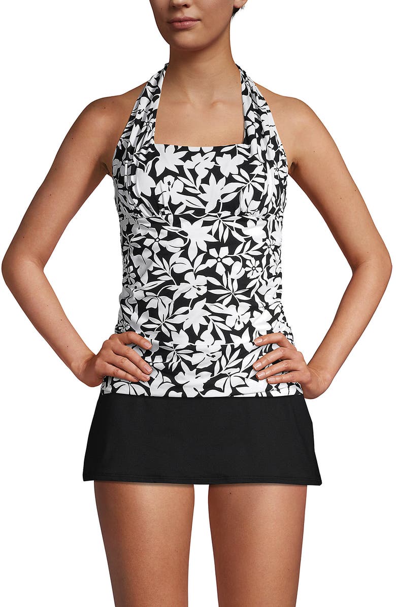 Lands' End Chlorine Resistant Square Neck Halter Tankini Swimsuit Top, Main, color, Black Havana Floral