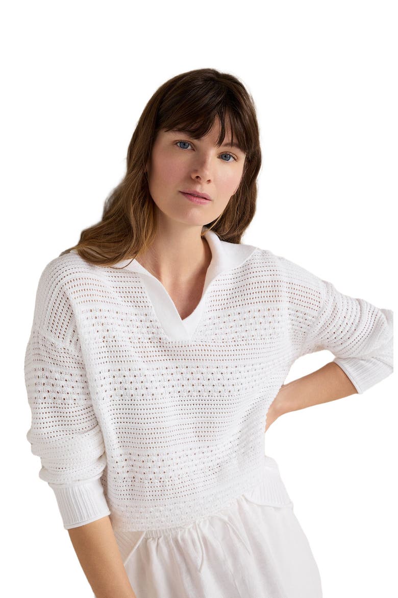 Cotton Mixed Stitch Johnny Collar Sweater, Main, color, White