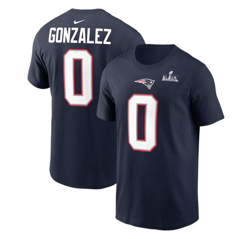 Men's Nike Christian Gonzalez Navy New England Patriots Super Bowl LX Patch Name & Number T-Shirt