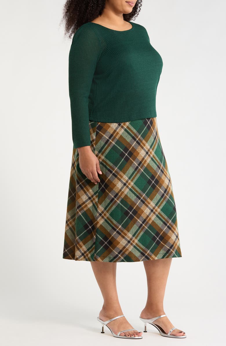 Connected Apparel Mixed Media Long Sleeve Midi Dress, Alternate, color, Hunter