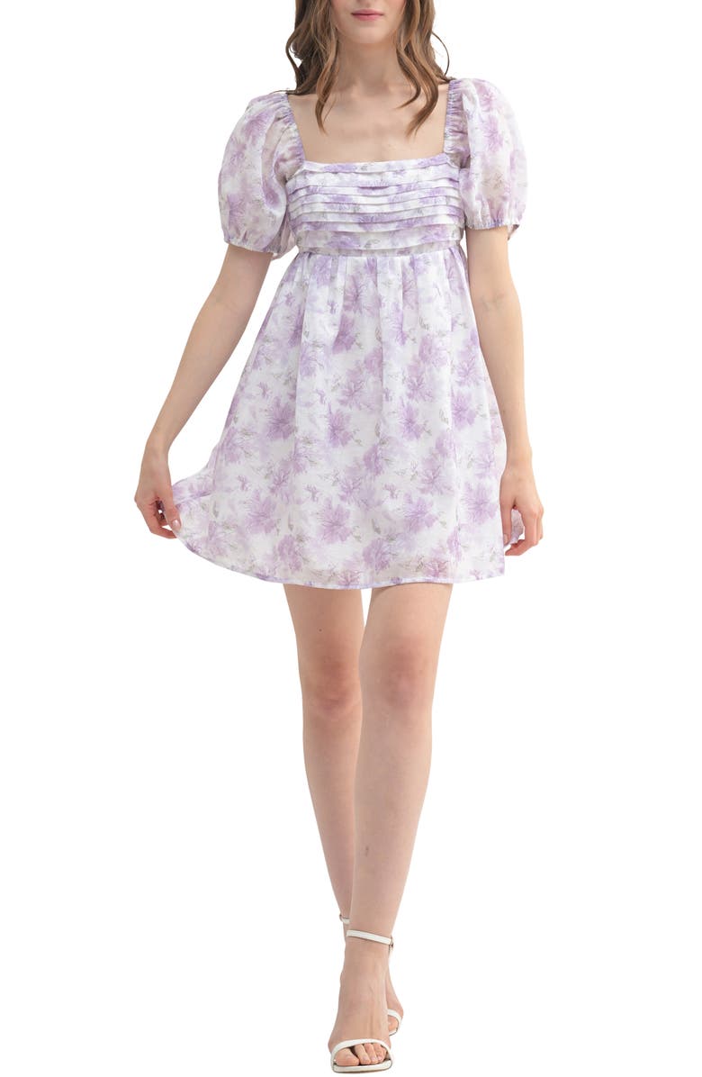 All in Favor Floral Pleat Bodice Short Sleeve Babydoll Minidress, Main, color, Lavender Floral