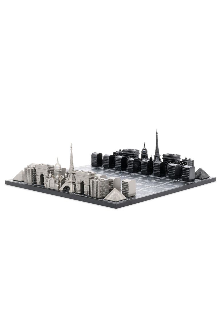 Chess Set Stainless Steel PARIS with Paris Map Board, Main, color, Black