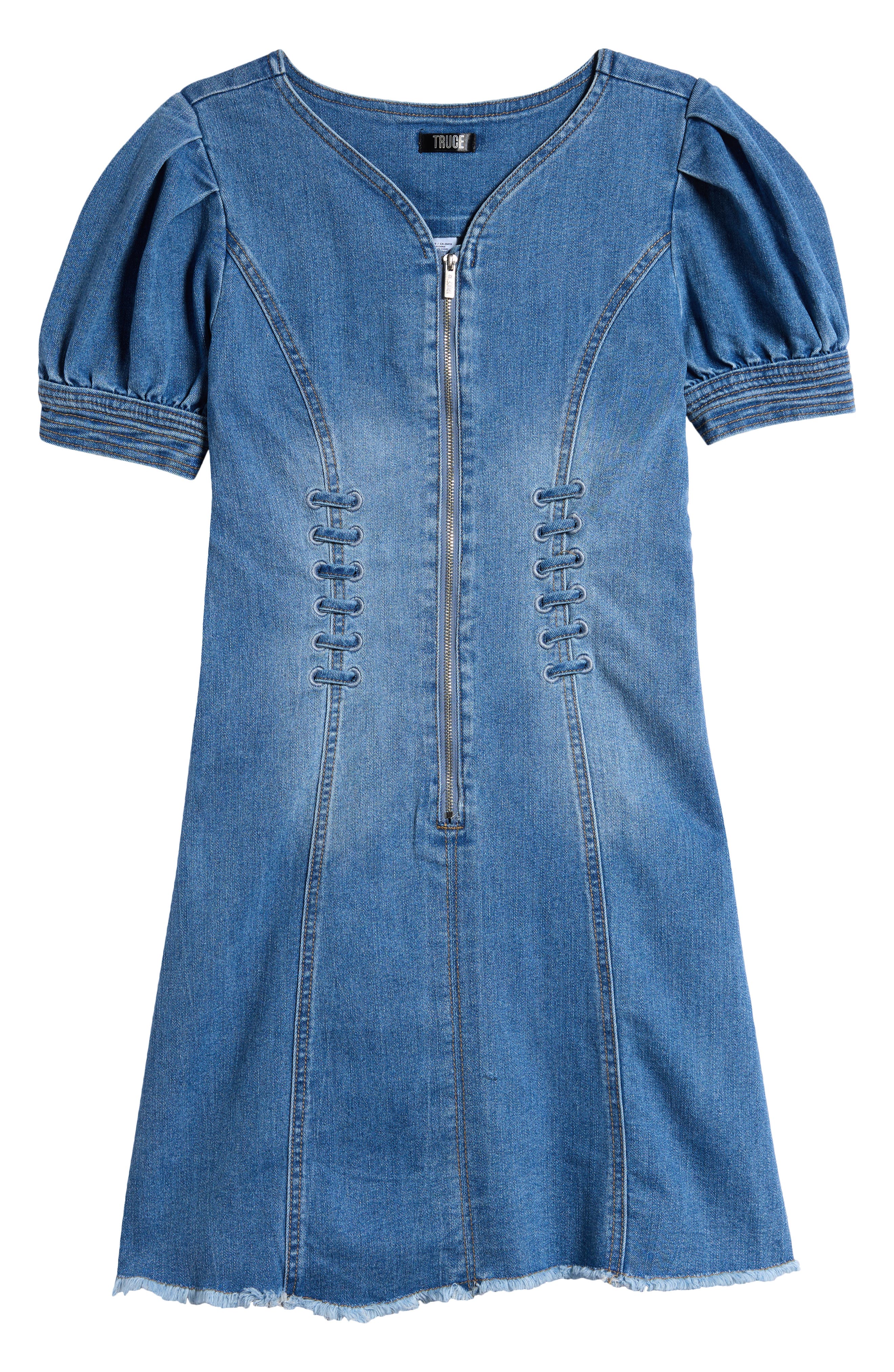 Truce Kids' Zip Front Puff Sleeve Fray Hem Denim Dress 