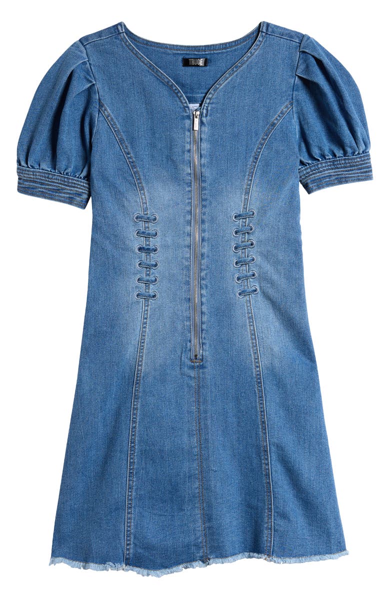 Truce Kids' Zip Front Puff Sleeve Fray Hem Denim Dress, Main, color, Denim