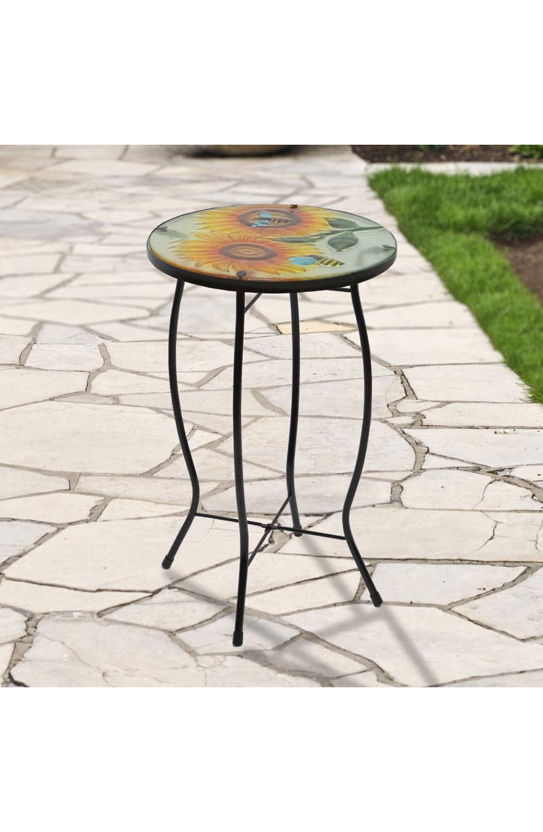 Northlight 19" Sunflower and Bumblebee Glass Patio Side Table, Alternate, color, Yellow