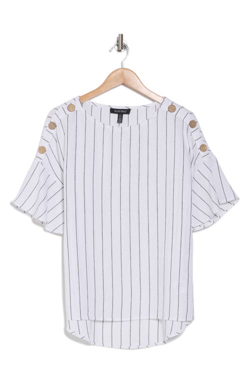 Ellen Tracy Round Neck Button Detail Linen Blend Top In White