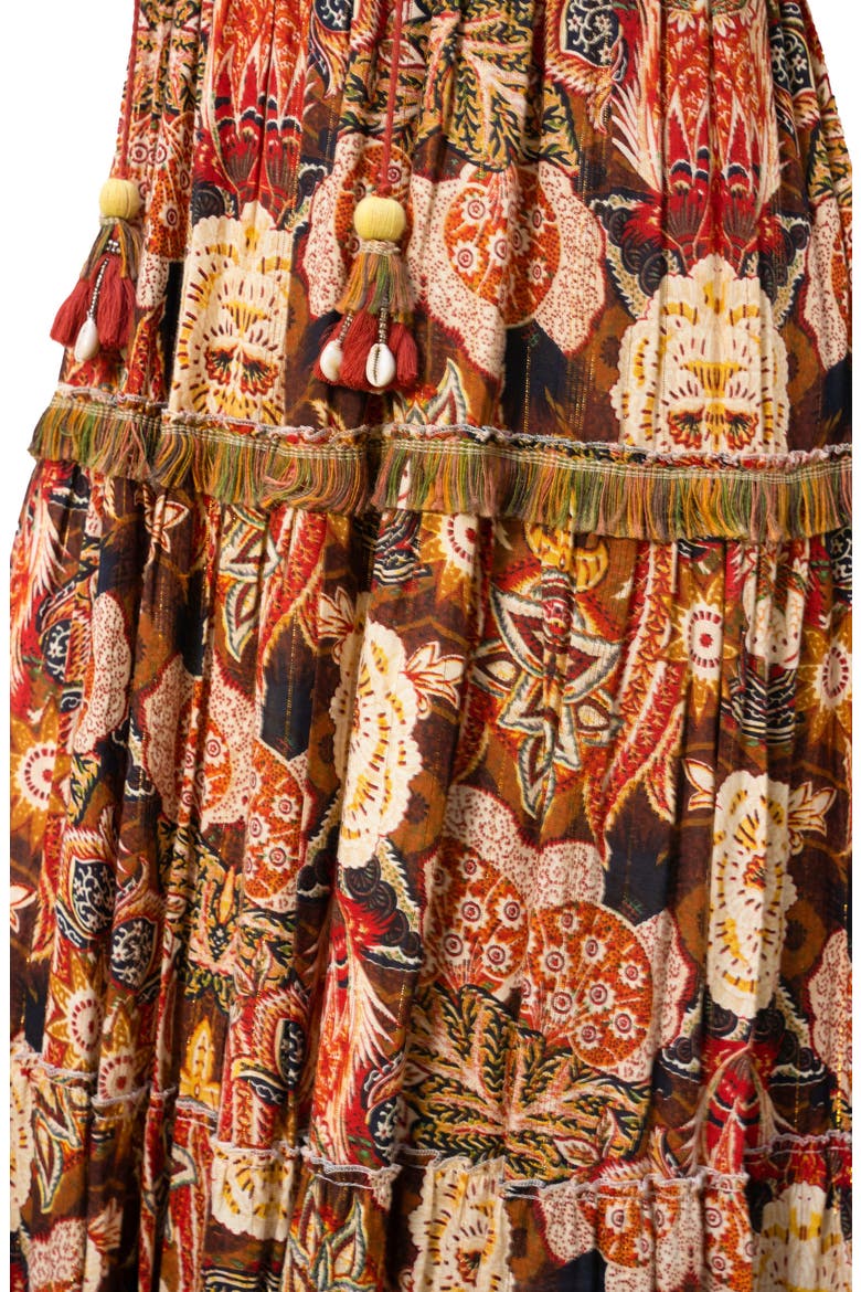 Floral Print Fringe Trim Long Sleeve Maxi Dress, Alternate, color, PUMPKIN