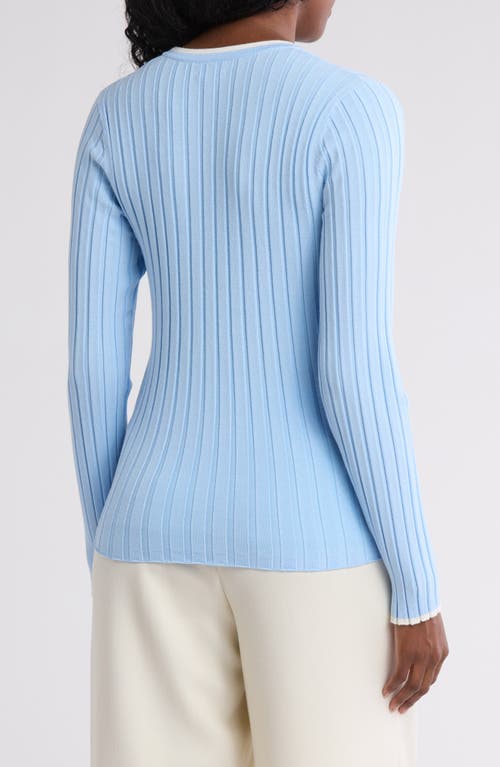 Nordstrom Rack Tipped V-neck Ribbed Cardigan In Blue Thread- Ivory Tipping