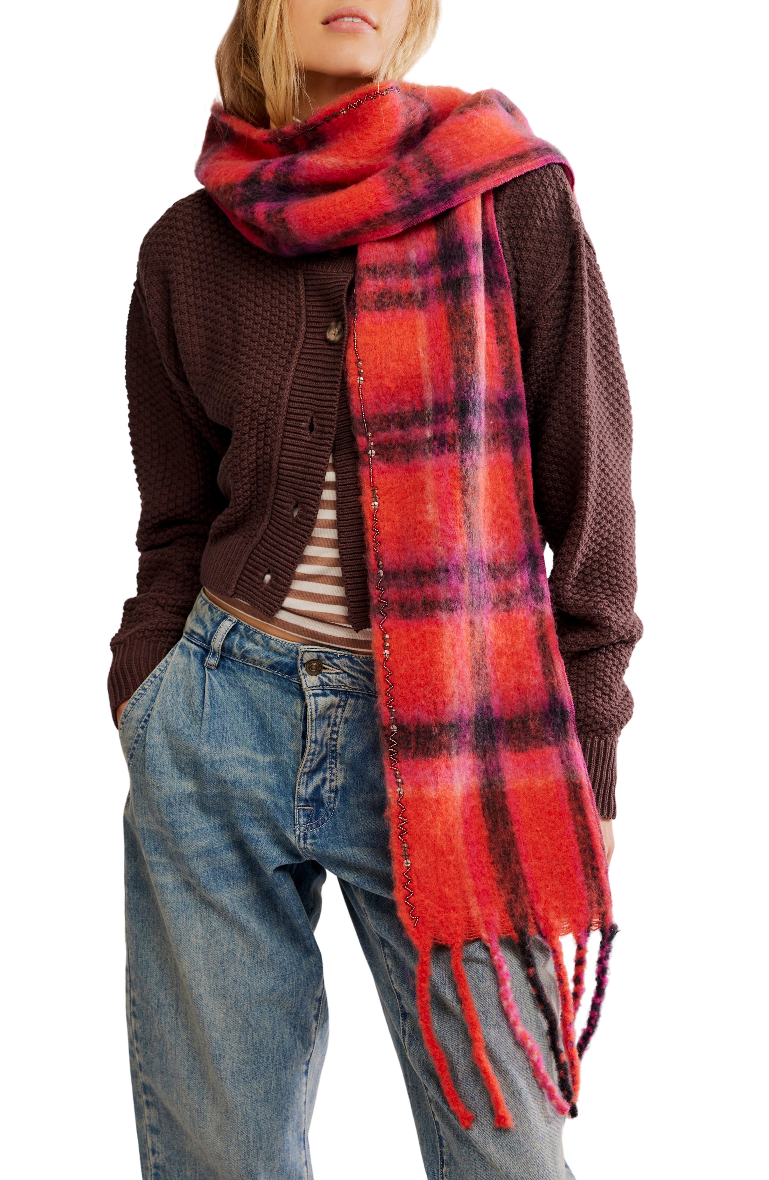 Free People Highland Plaid Skinny Scarf