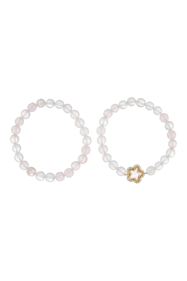 Set of 2 Fleur Rose Quartz Stretch Beaded Bracelets, Main, color, WHITE