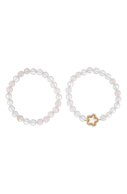 Set of 2 Fleur Rose Quartz Stretch Beaded Bracelets