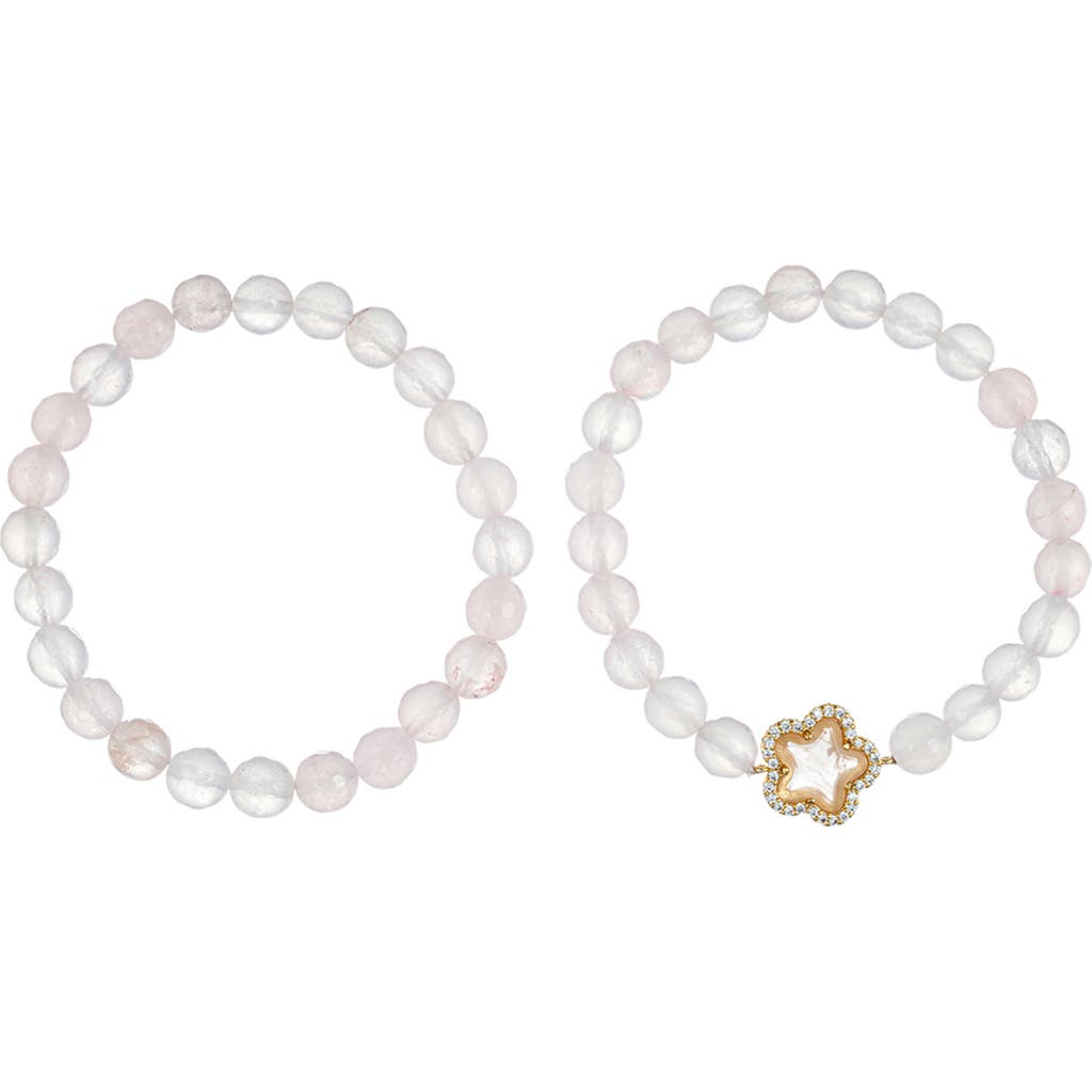 Eye Candy Los Angeles Set Of 2 Fleur Rose Quartz Stretch Beaded Bracelets In White