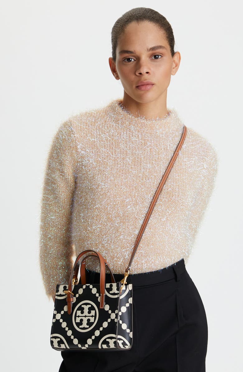 Tory Burch Mini T Monogram Contrast Leather Tote, Alternate, color,