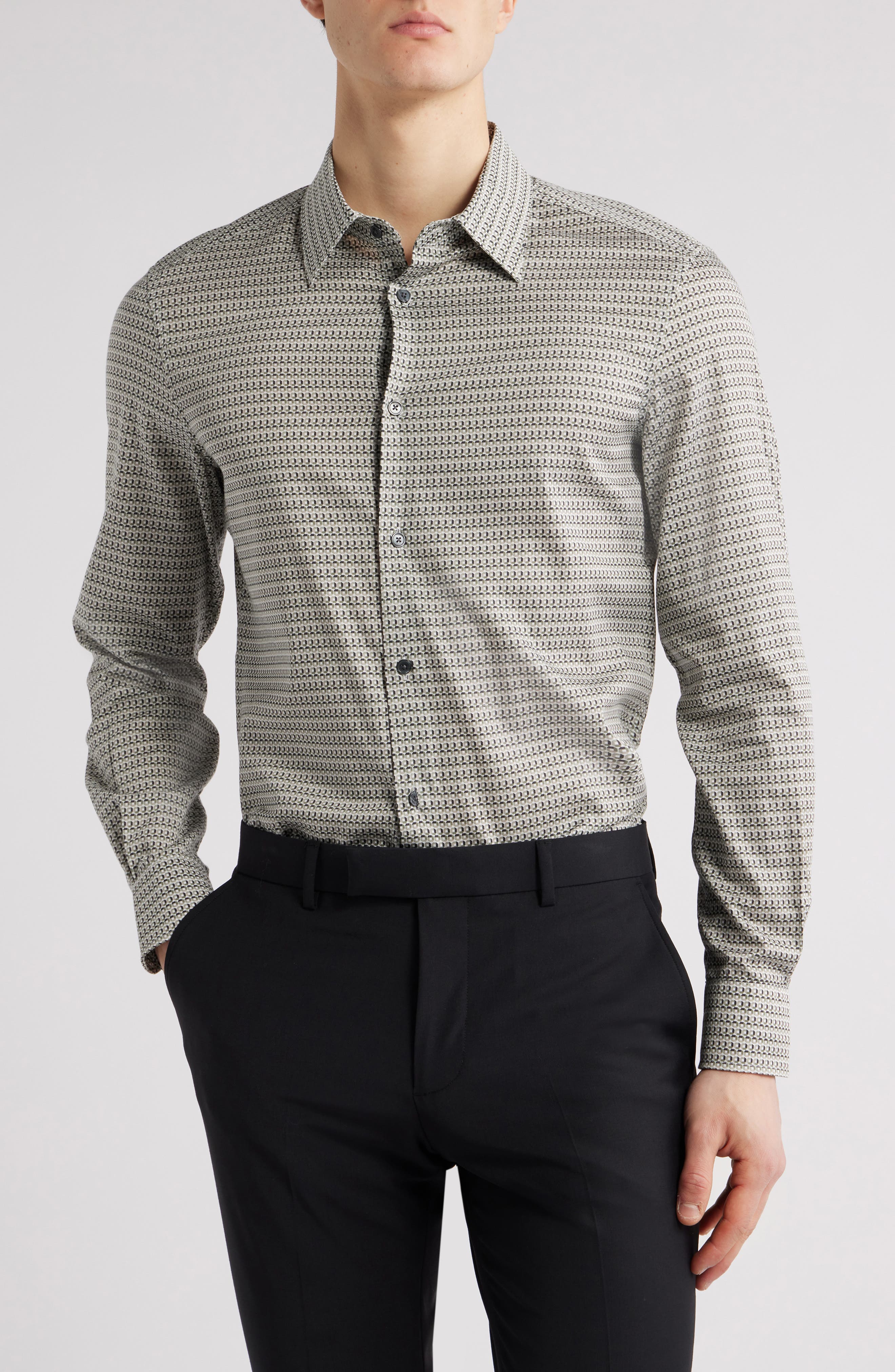 Emporio Armani Regular Fit Geometric Print Stretch Cotton Button-Up Shirt