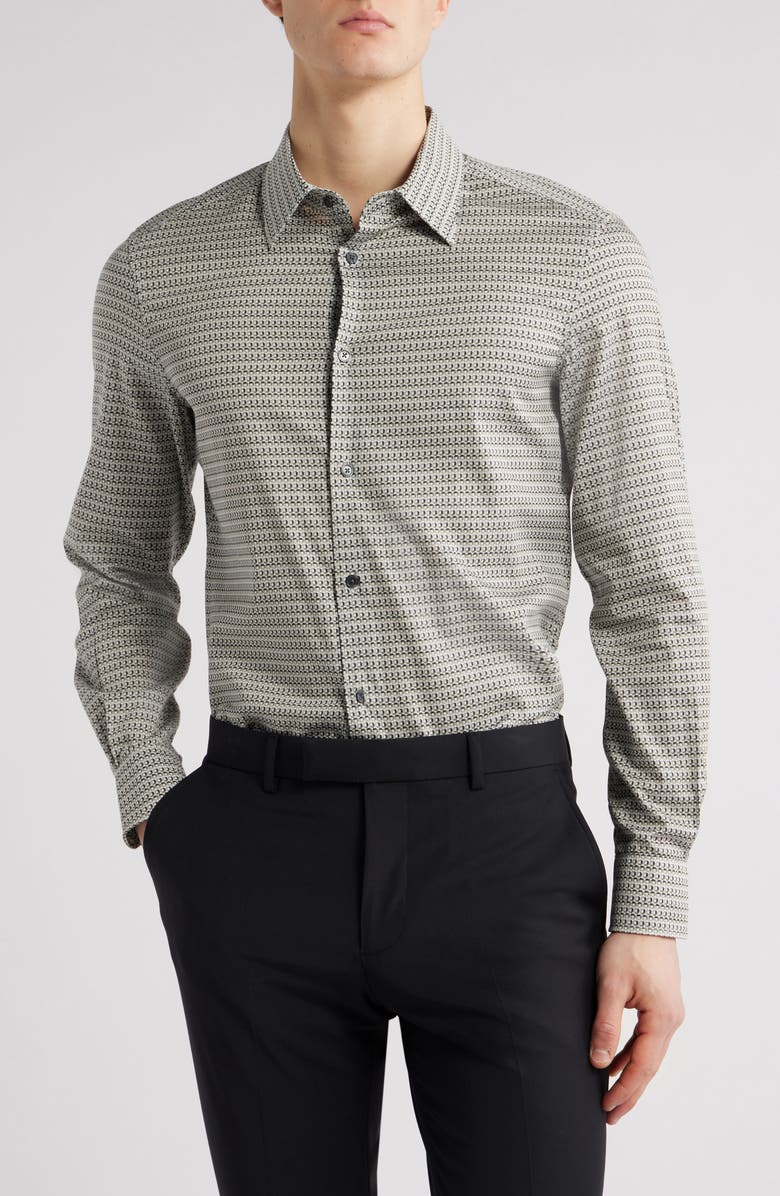 Emporio Armani Regular Fit Geometric Print Stretch Cotton Button-Up Shirt, Main, color, Grey