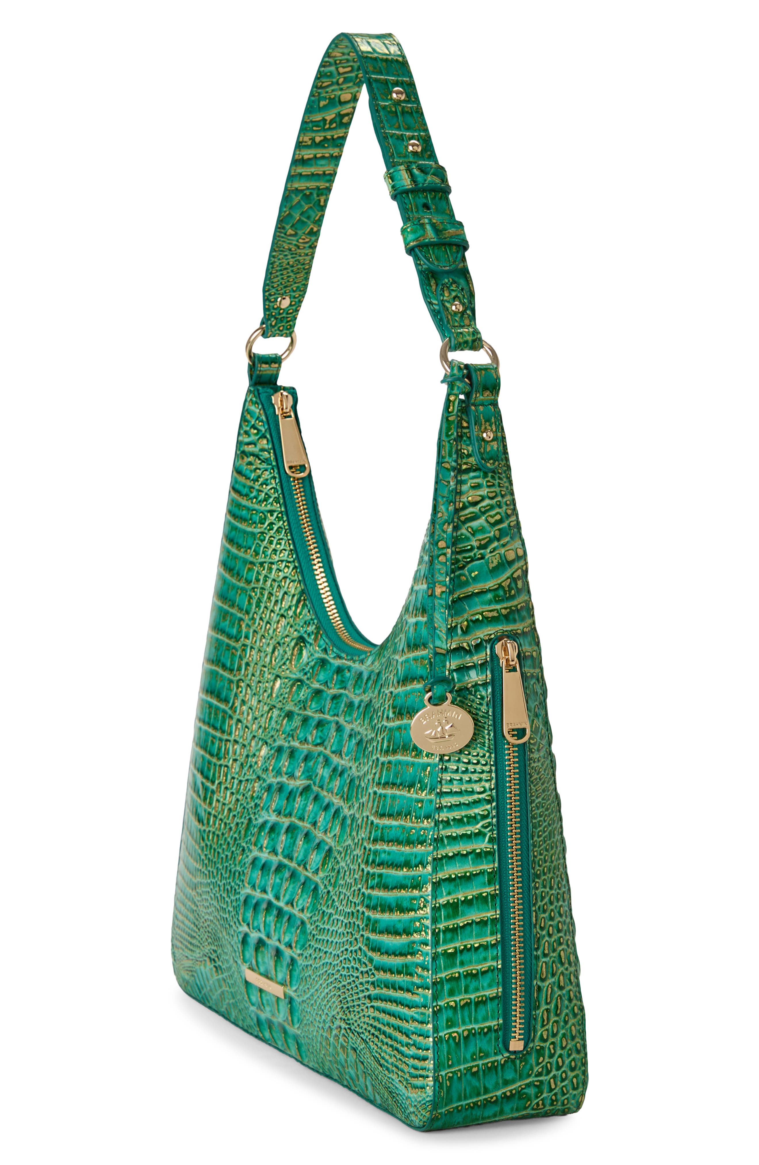 Tabitha Croc Embossed Leather Shoulder Bag, Alternate, color, JUNGLE JEWEL