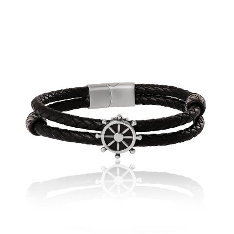 Nautical Wheel Black Braided Leather Bracelet