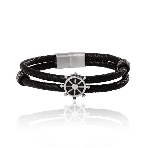 Lucky Brand Nautical Wheel Black Braided Leather Bracelet