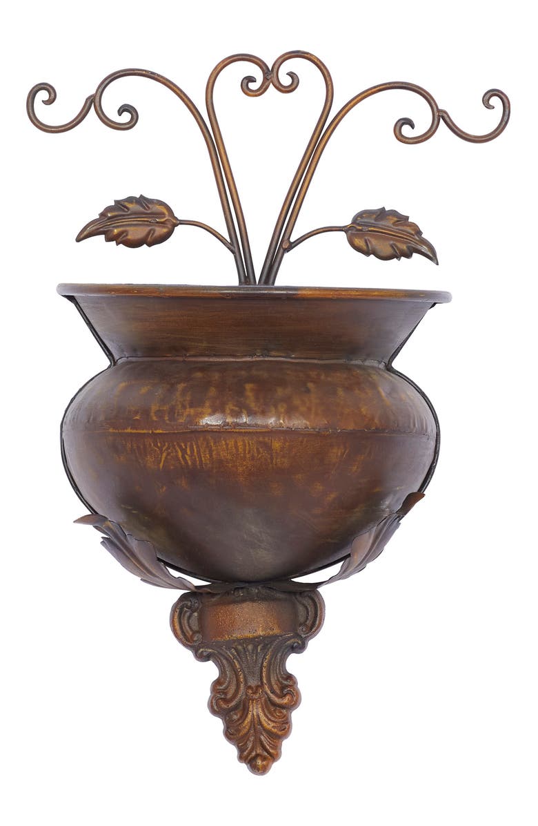 WILLOW ROW Brown Metal Indoor & Outdoor Scroll Wall Planter, Alternate, color, Brown