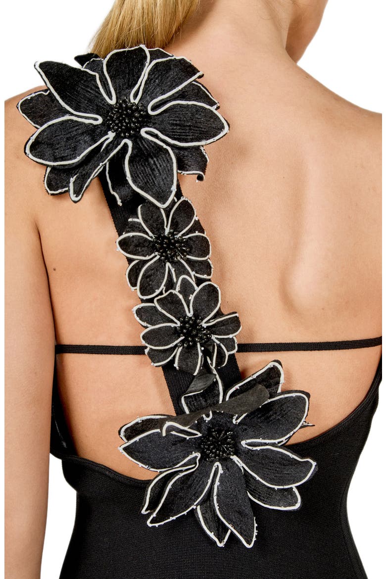 Flower One-Shoulder Knit Maxi Dress, Alternate, color, BLACK