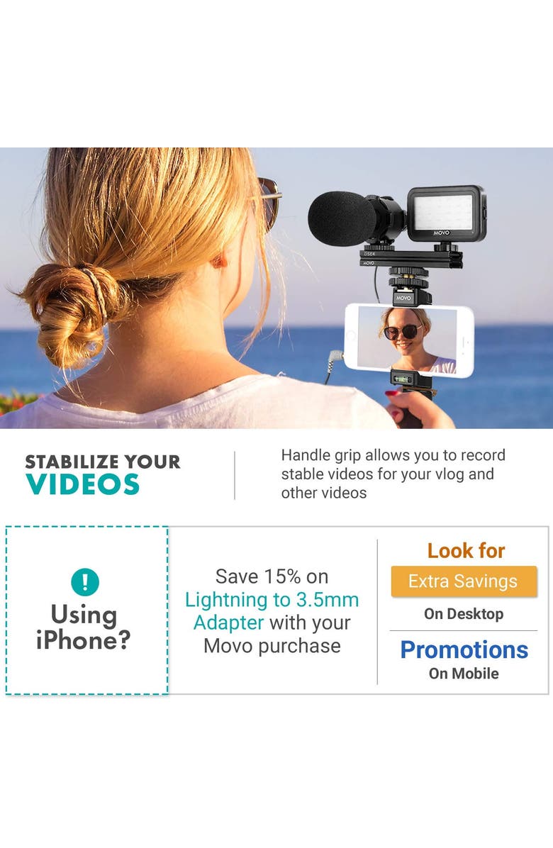 MOVO Vlog Kit V7 - YouTube Starter Kit with Grip, Stereo Microphone, Light, and Wireless Remote, Alternate, color, Black