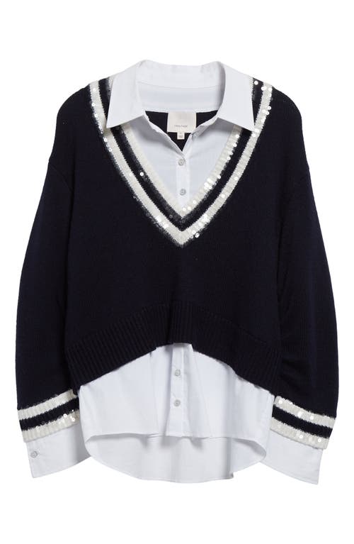 Cinq À Sept Santina Sequin Detail Layered Sweater In Navy/white