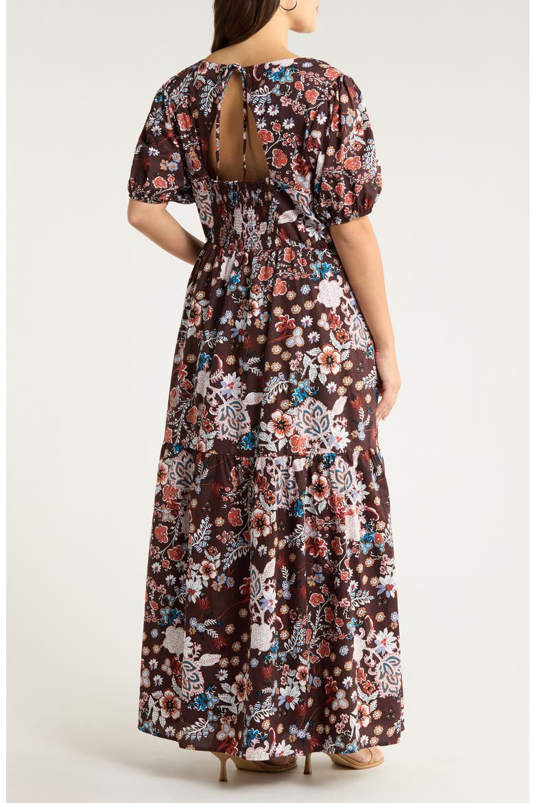 Journee Floral Print Puff Sleeve Maxi Dress, Alternate, color, BROWN