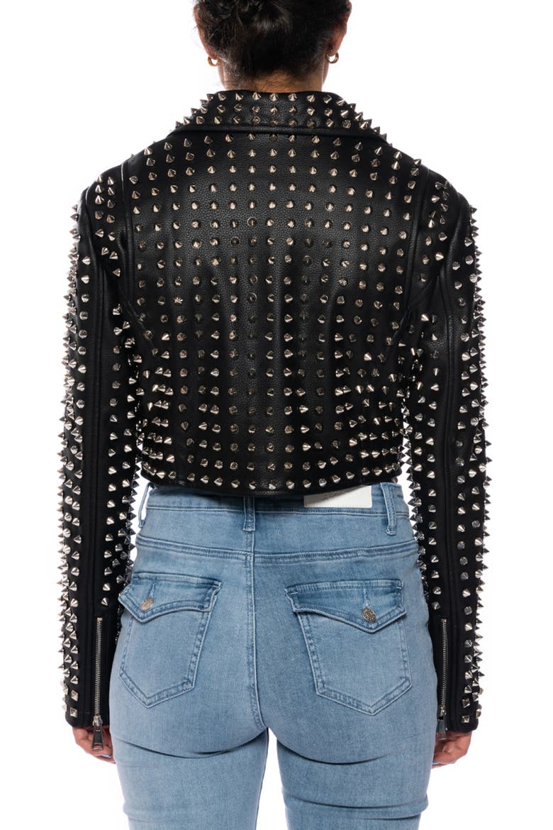 Studded Belted Faux Leather Moto Jacket, Alternate, color, BLACK