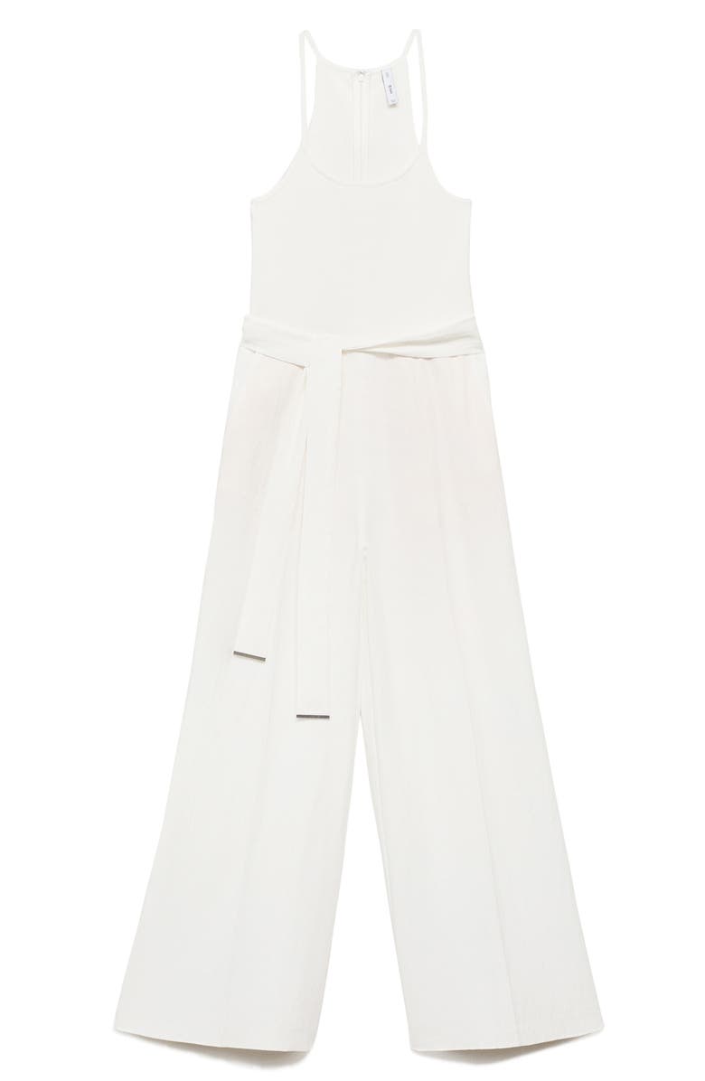 MANGO Tie Waist Wide Leg Jumpsuit, Alternate, color, Off White