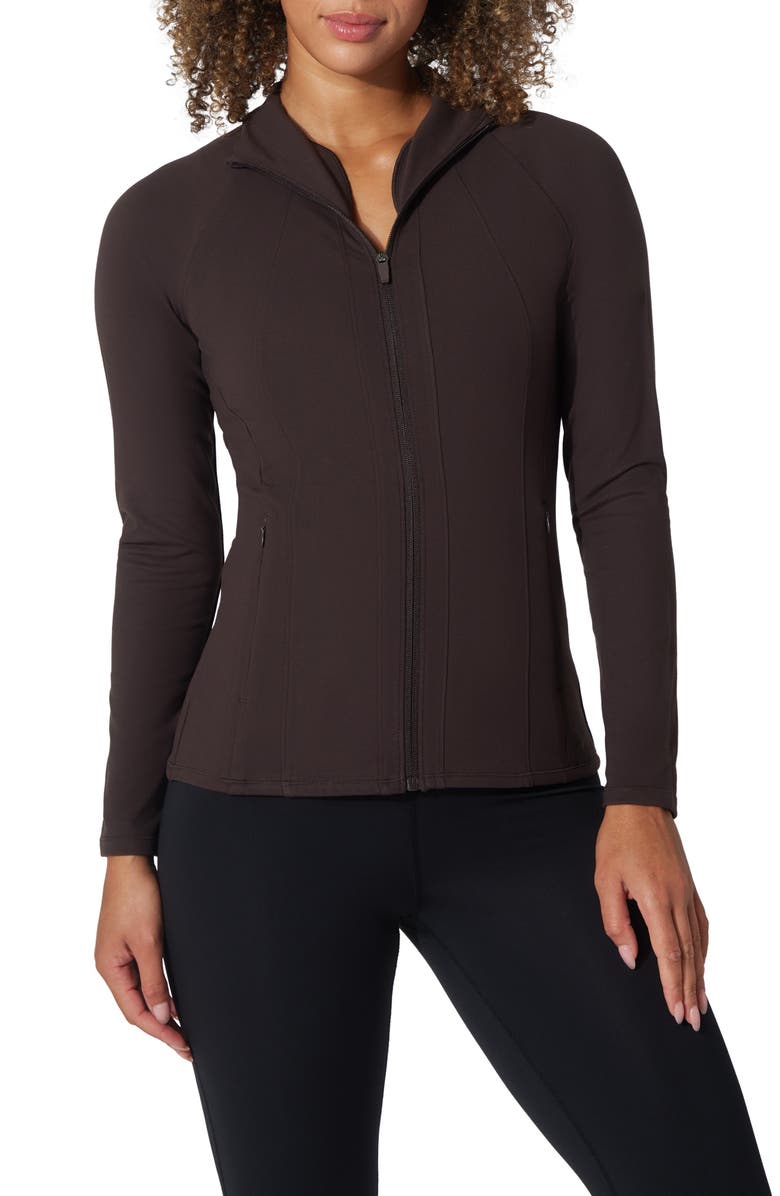 90 DEGREE BY REFLEX Brisa Interlock Flared Full Zip Sweatshirt, Main, color, Chocolate Mousse