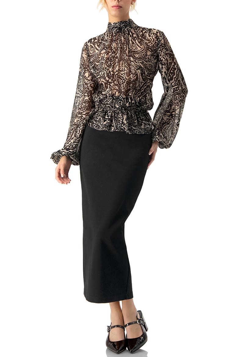 High Neck See-Through Paisley Blouse, Alternate, color, Black