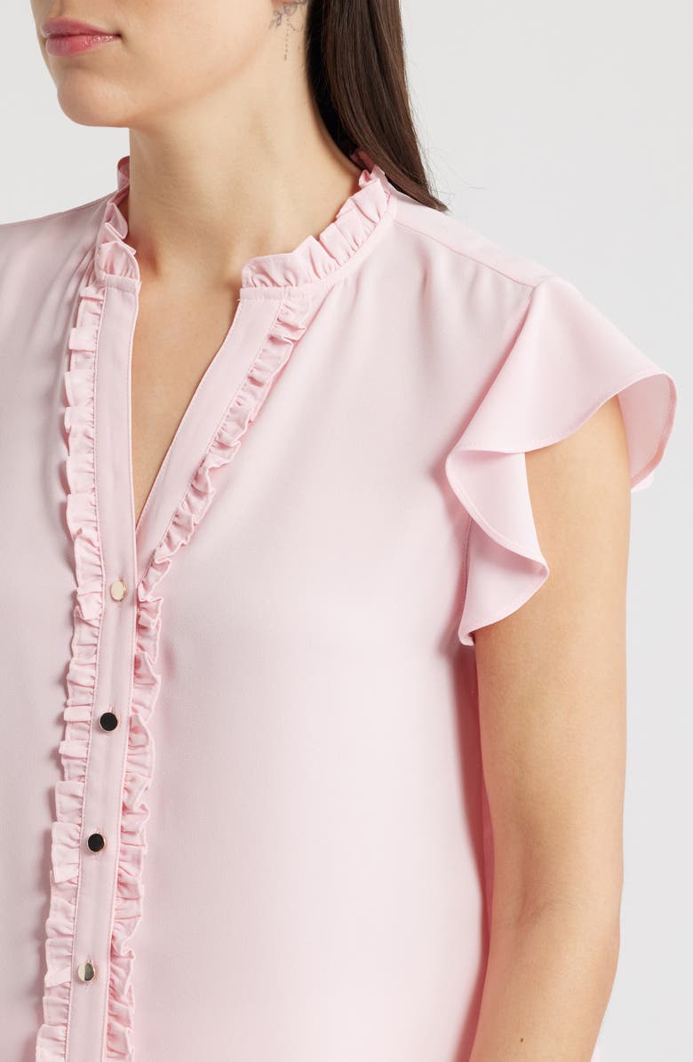 AK ANNE KLEIN Ruffle Accent Short Sleeve Button-Up Shirt, Alternate, color, Peony Pink