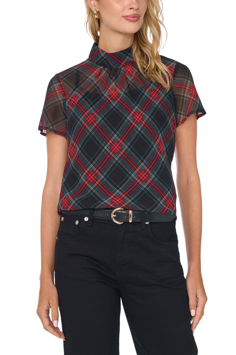 Shirred Mock Neck Chiffon Top, Main, color, RICH BLACK