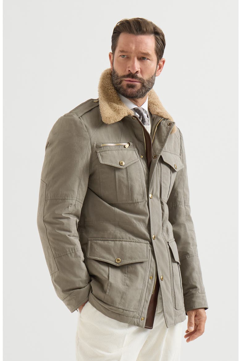 Waxed techno cotton safari jacket with Thermore® padding, nappa leather inserts and shearling collar, Main, color, Medium Grey