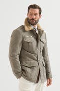 Brunello Cucinelli Waxed techno cotton safari jacket with Thermore® padding, nappa leather inserts and shearling collar