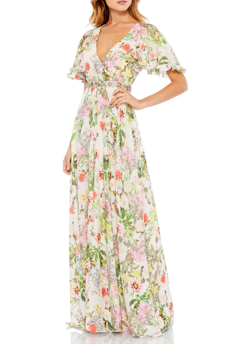 Floral Print Flutter Sleeve Gown, Main, color, FLORAL MULTI