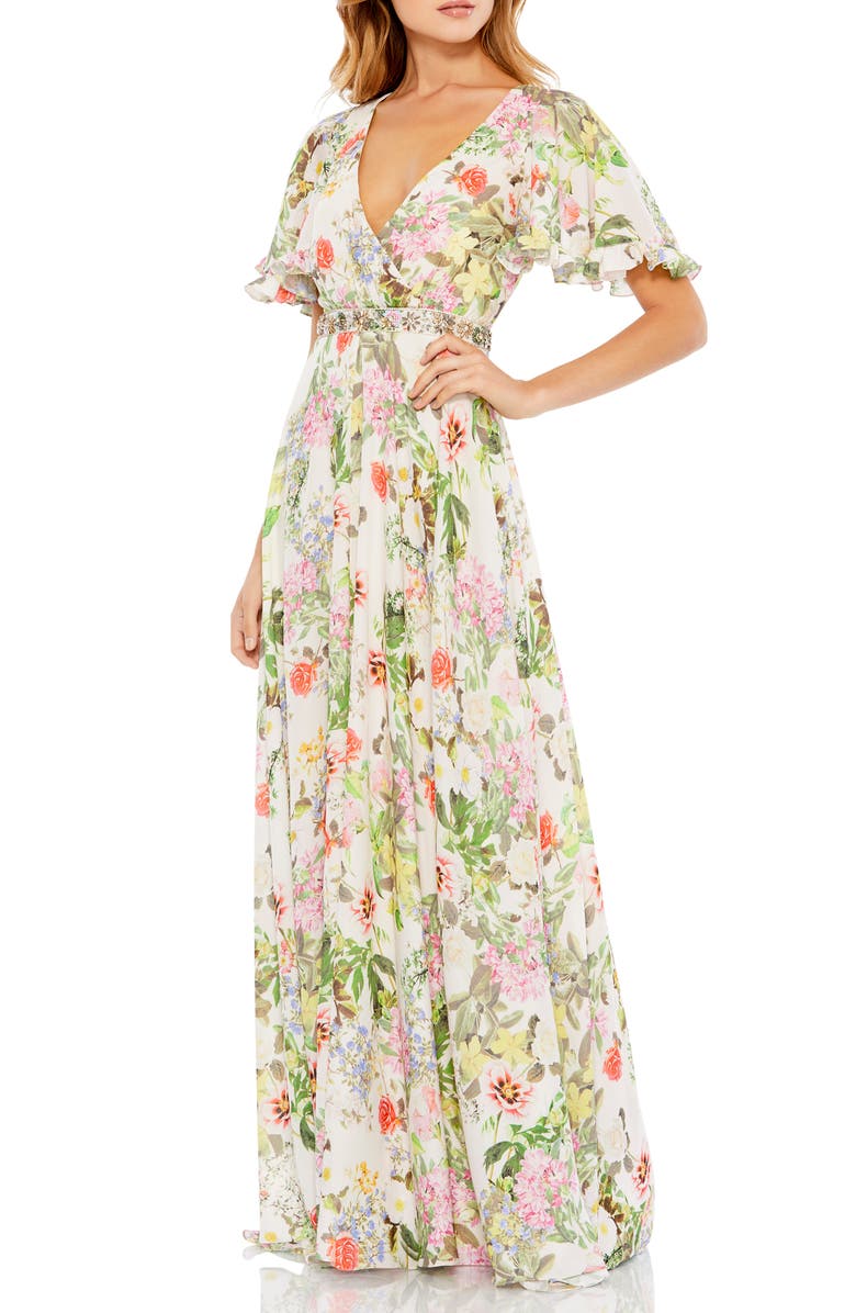 Mac Duggal Floral Print Flutter Sleeve Gown, Main, color,