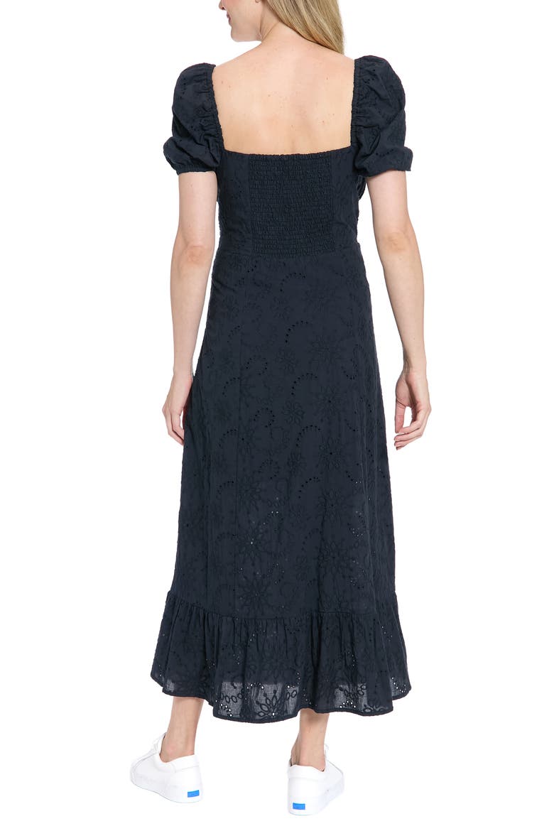 Floral Embroidered Eyelet Puff Sleeve Cotton Midi Dress, Alternate, color, MARITIME NAVY