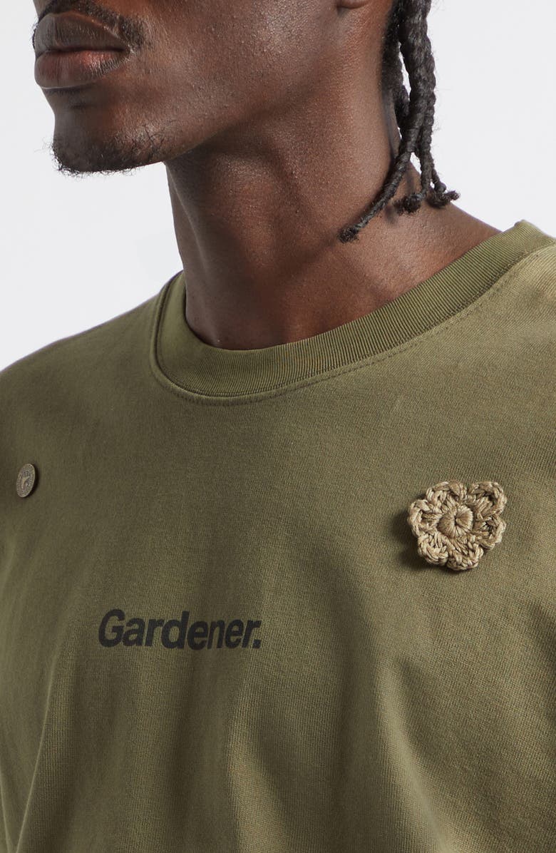 SONG FOR THE MUTE x Birkenstock The Gardener Crochet Flower Long Sleeve Drill Jumpsuit, Alternate, color, Army Green