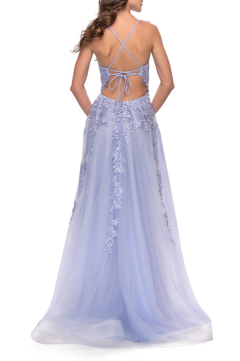 Tulle Prom Dress with Floral Detail and Side Slit, Alternate, color, Light Periwinkle