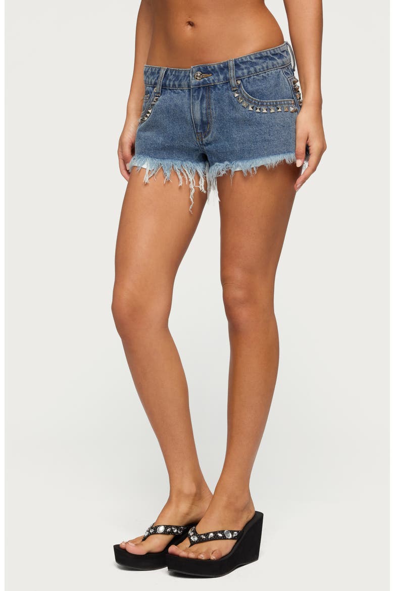 Studded Cutoff Denim Shorts, Alternate, color, BLUE-WASHED