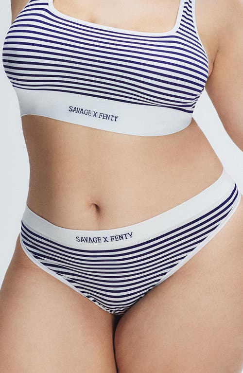 Savage X Fenty Seamless Stripe Thong In Hazy White/dark Stormy Blue