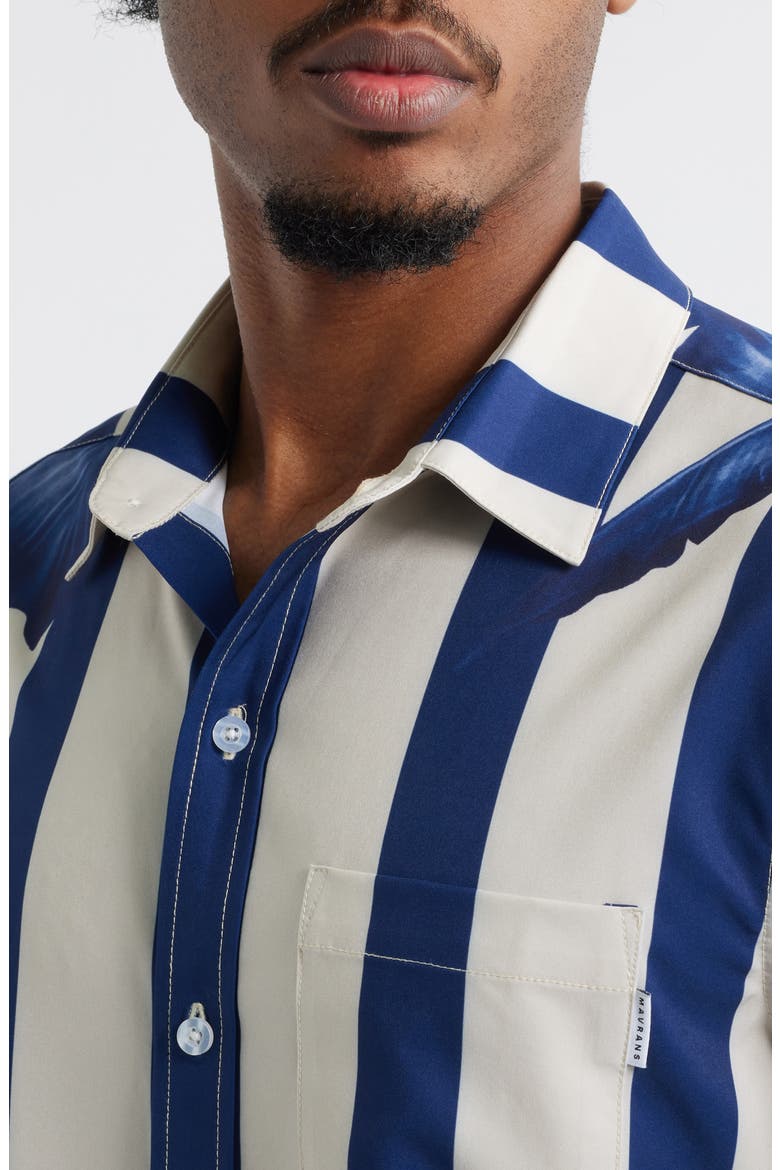 Stripe Palm Frond Short Sleeve Performance Button-Up Shirt, Alternate, color, BLUE