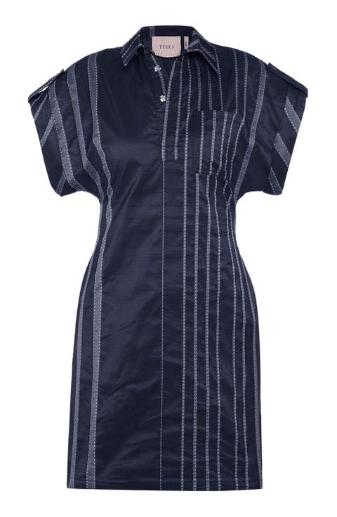 Theia Striped Taffeta Camp Dress