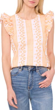 CeCe Embroidered Ruffle Sleeve Top